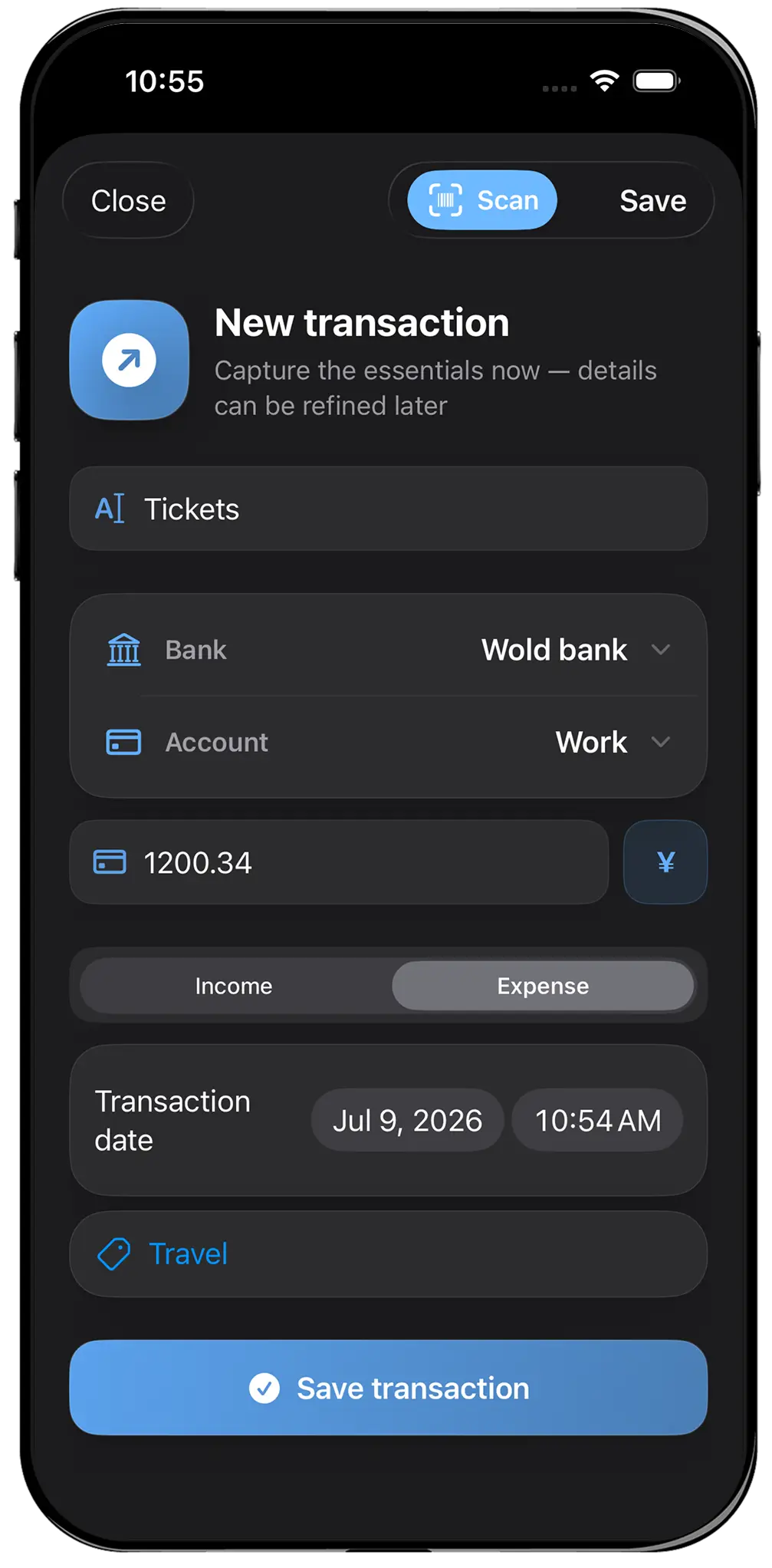 Create transaction screen with scan, income and expense controls